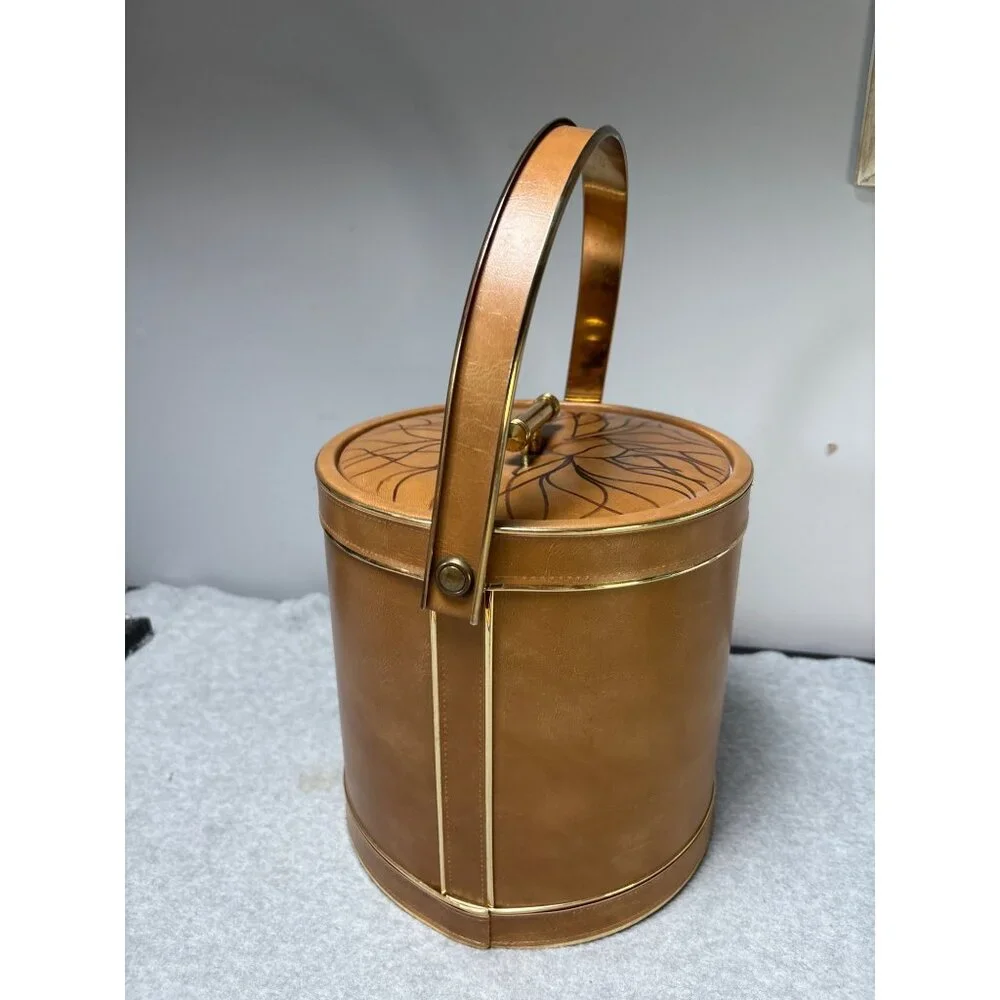 Vintage Faux Leather & Gold Ice Bucket with Handle & Lid Floral Design Top Mid-C